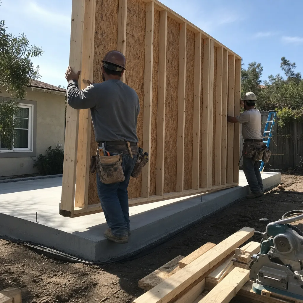 Professional builders installing a wood-framed wall for an ADU construction project.