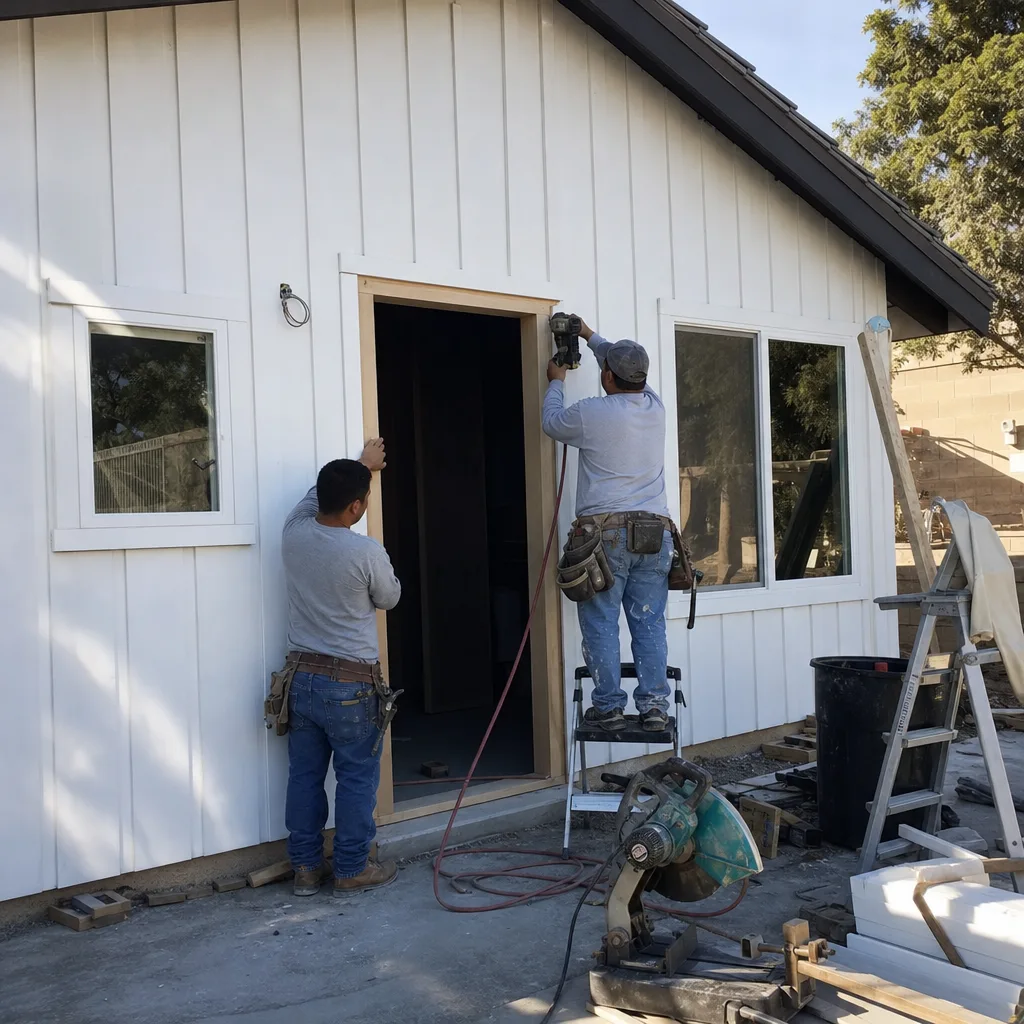 Two contractors installing a door frame on a modern ADU exterior