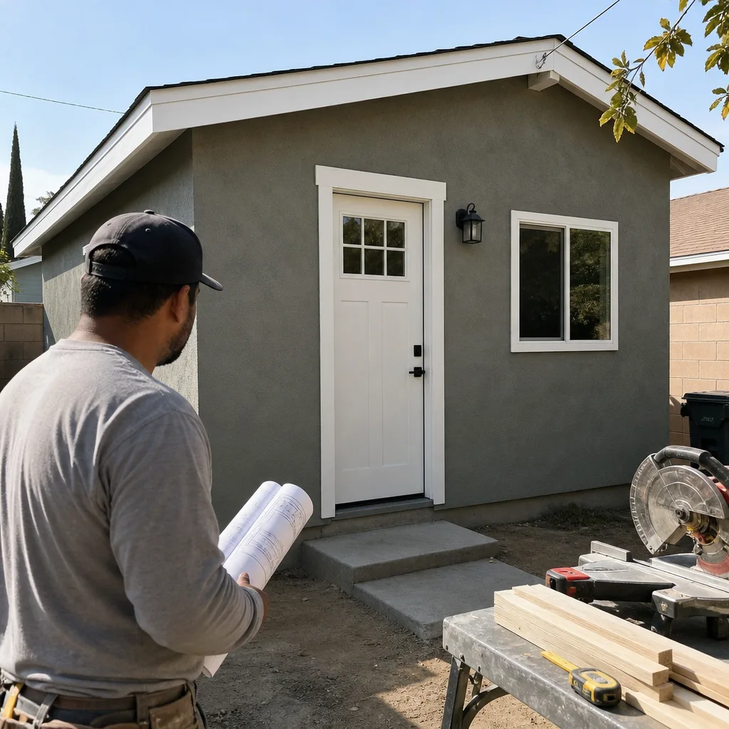 Contractor reviewing ADU blueprints in front of a new room addition