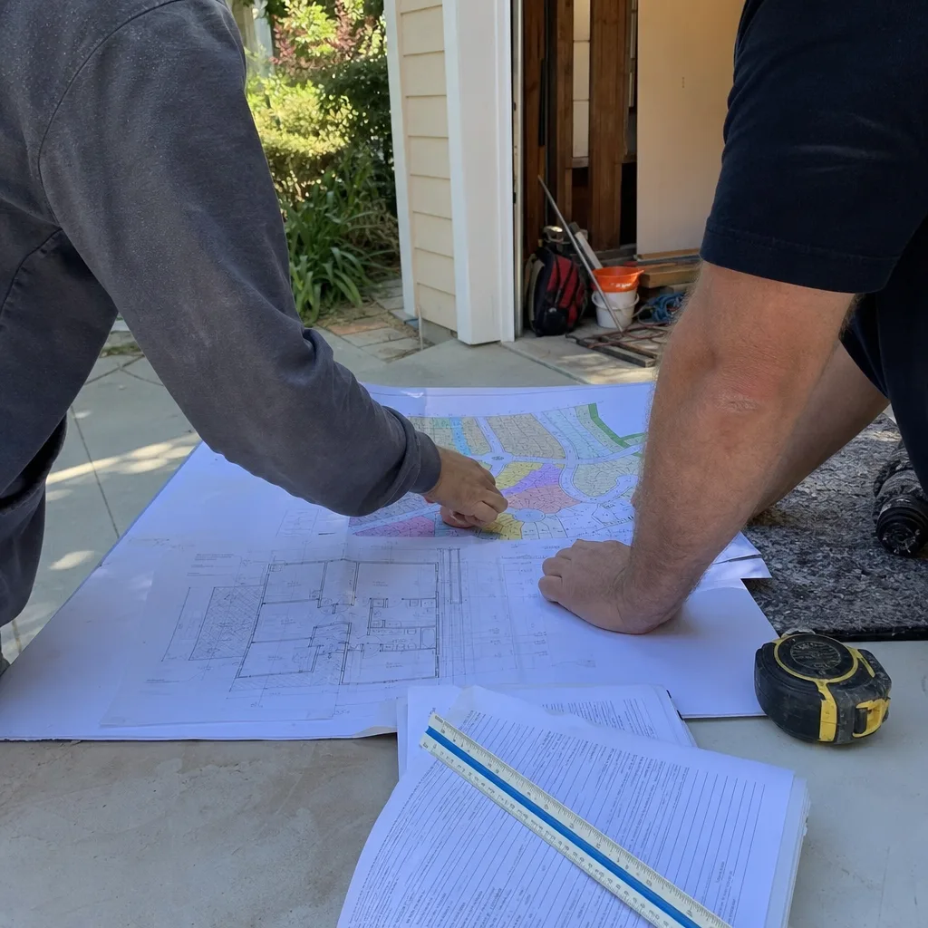 contractors reviewing blueprints for residential room addition project